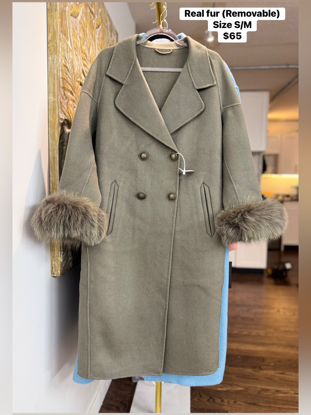Olive Green Double-Breasted Wool Coat with Removable Fur Cuffs